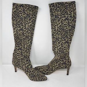 Stuart Weitzman Tall Pull On Cool Boot Leopard Print Green Heeled Size 8‎ Spain